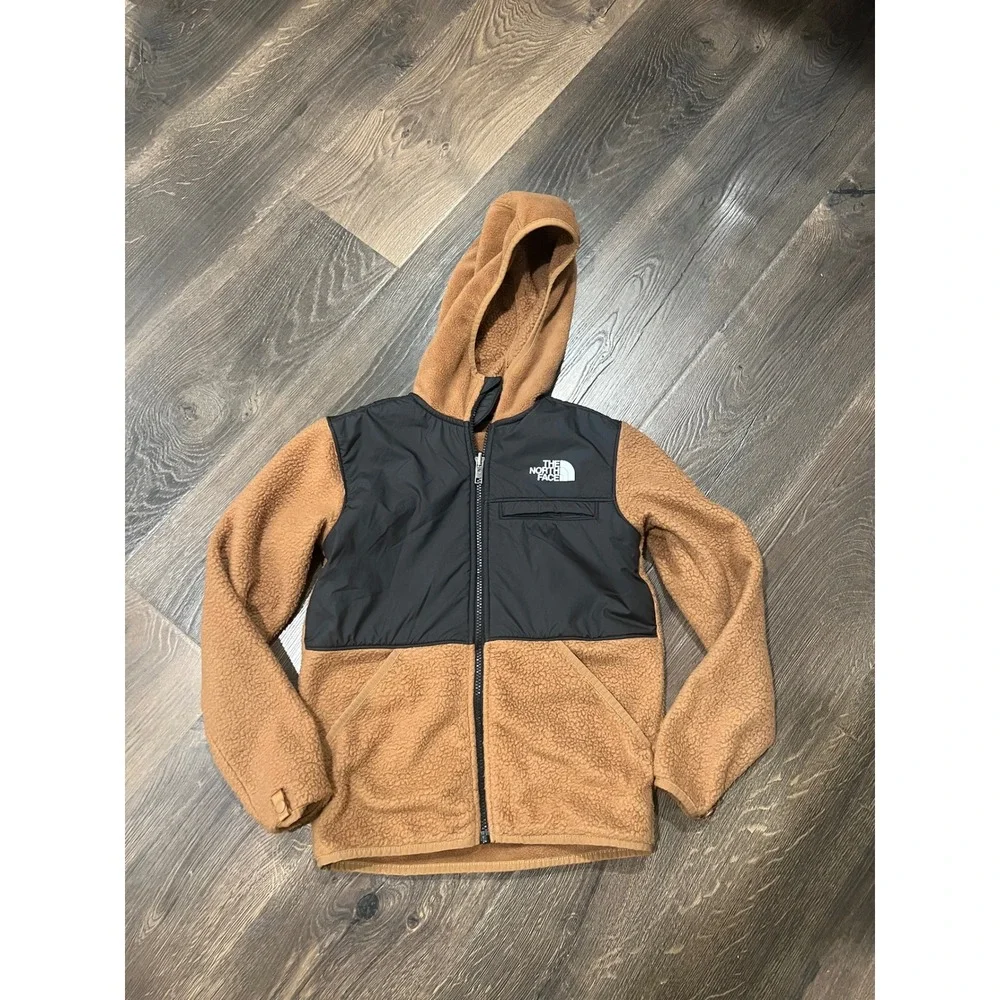 The North Face Boys Denali Fleece Hooded Jacket Brown Black Teen Large 12 L/G